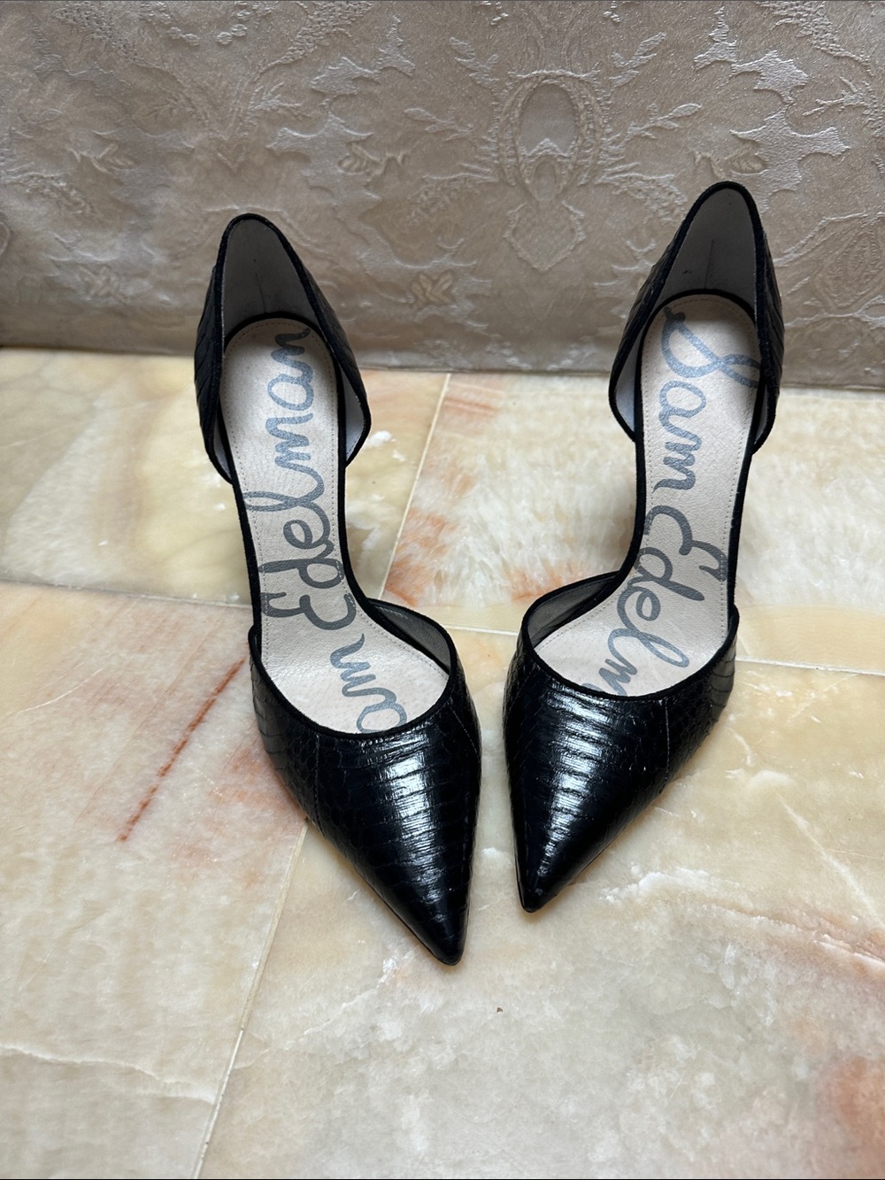Sam Edelman Black Croc-Embossed D'Orsay Pointed Pumps